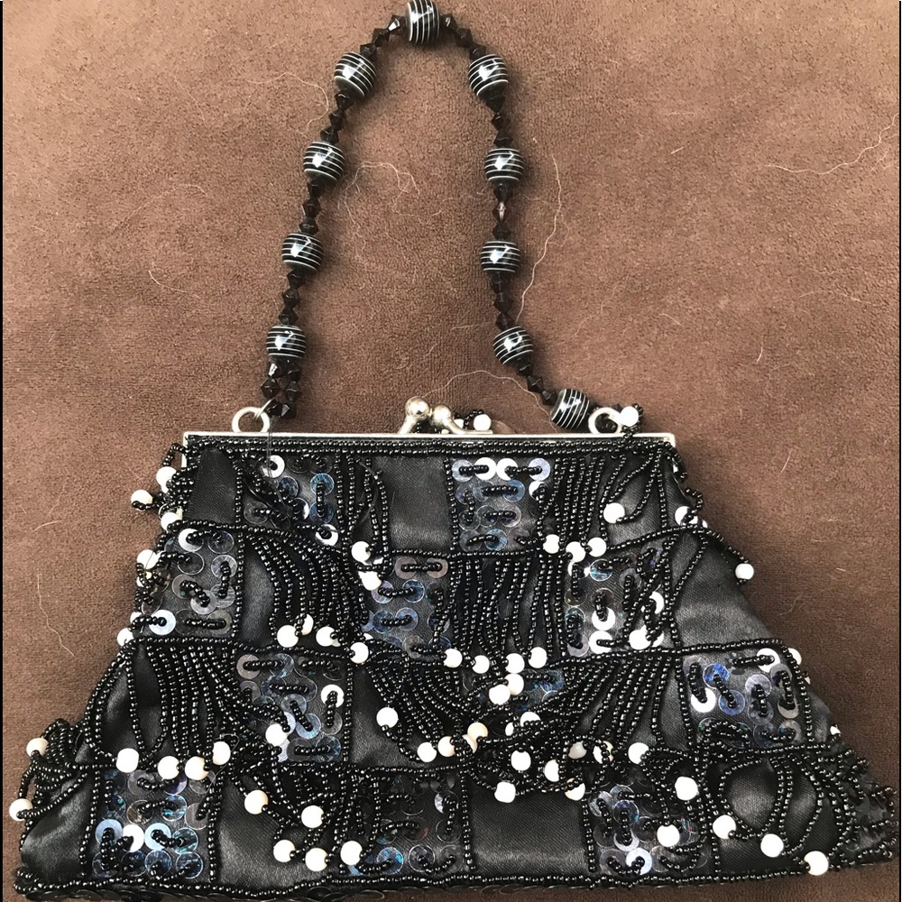 Vintage black satin purse with beading